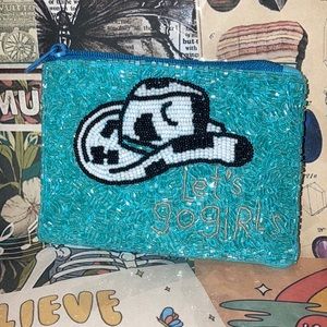 Let’s Go Girls Beaded Pouch in Blue, Black, White, and gray Zipper Pouch Wallet